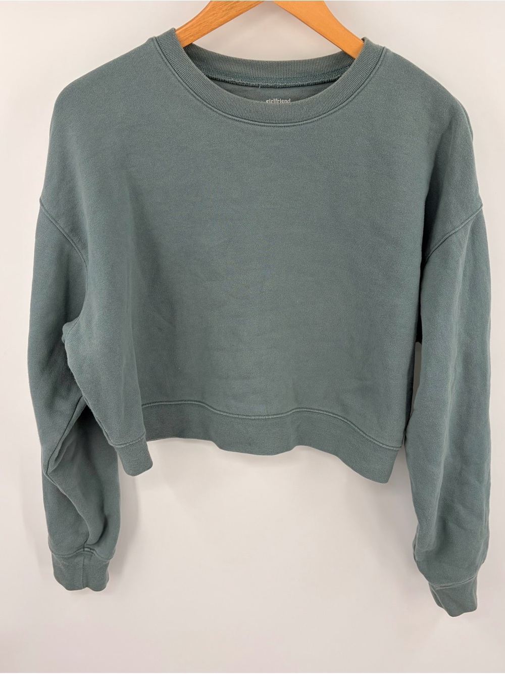 Girlfriend Collective cropped fleece teal pullover crewneck women’s M loungewear